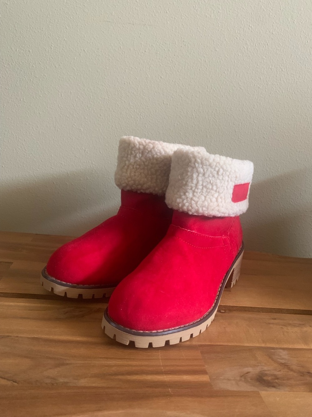 Women's Red Faux-Shearling Cuff Ankle Boots